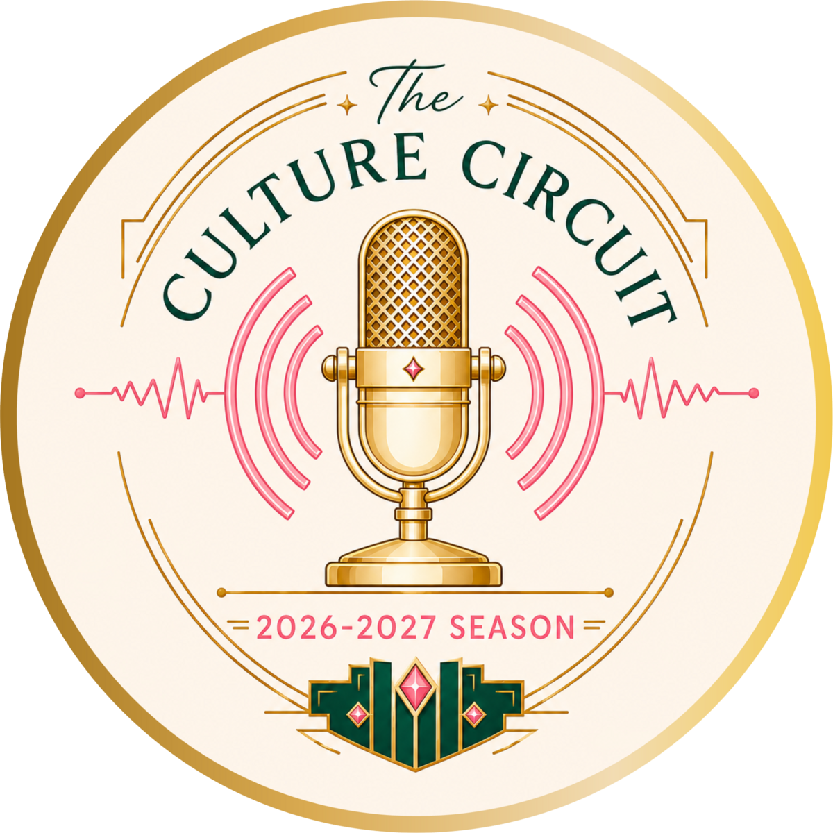 The Culture Circuit 2026–2027 radio and podcast season emblem with a gold frame
